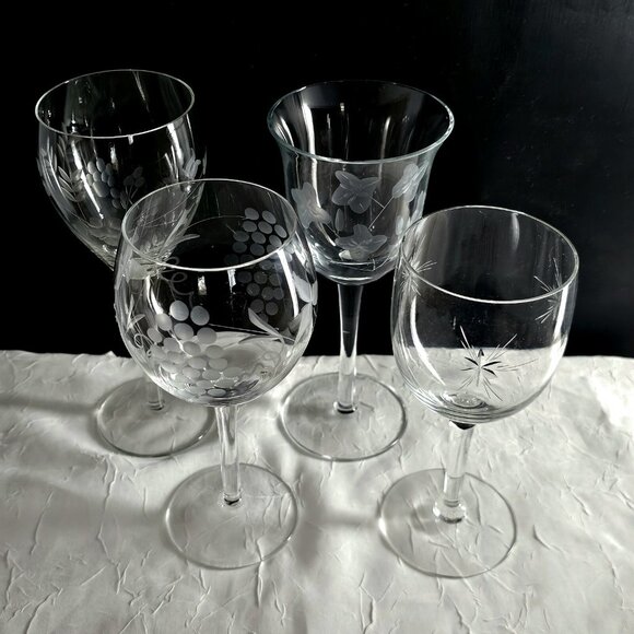 Mismatched Cordials Cocktail Glasses set/4 vtg mixed etched cut glassware party - Picture 2 of 10